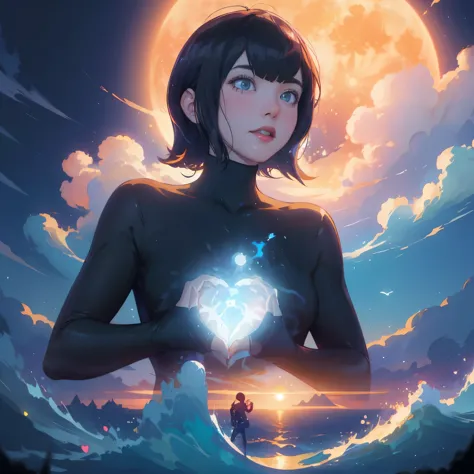 anime girl holding a heart in front of a full moon, artgerm and atey ghailan, rhads and lois van baarle, neoartcore and charlie ...