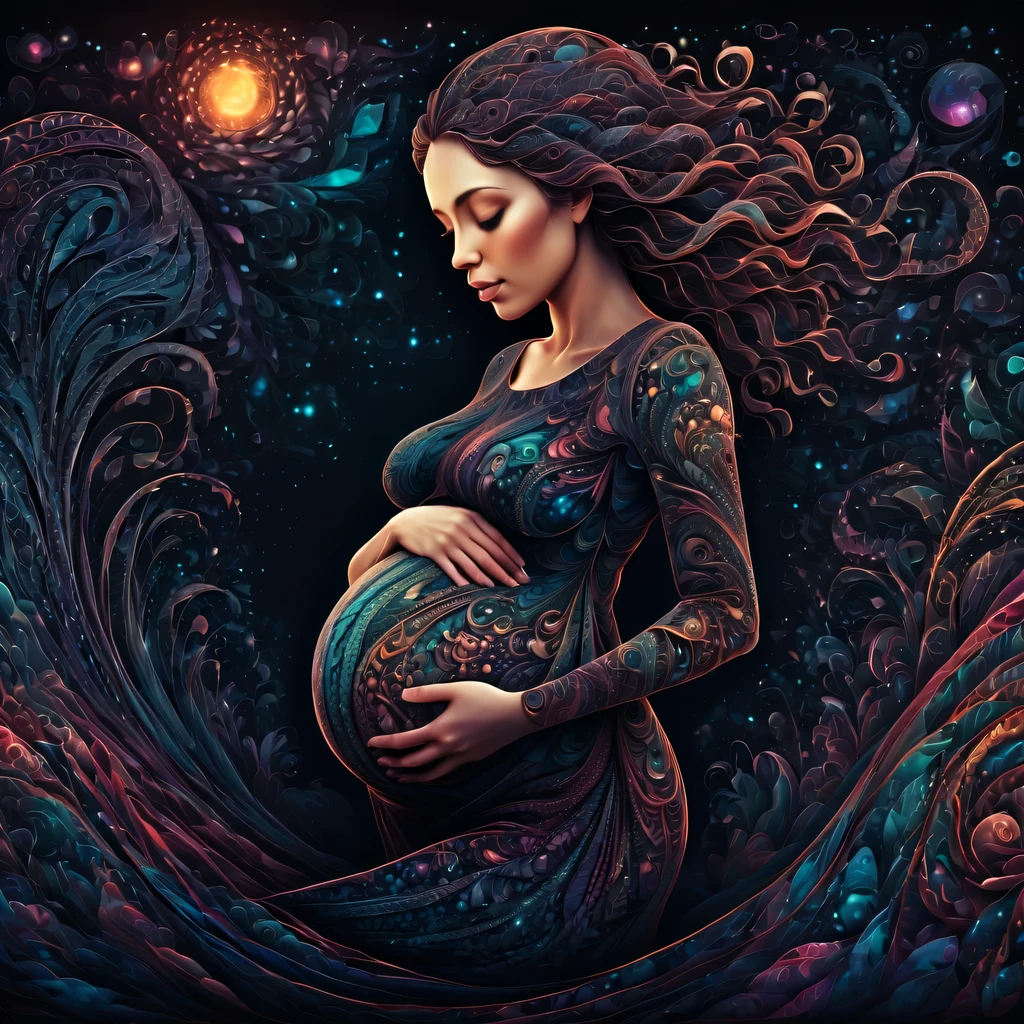 (best quality, highres, ultra sharp), magical pregnant woman, zentangle, full colored, 3d crunch, realistic feeling, magical scene, dark tones, ultra detal and sharp background,