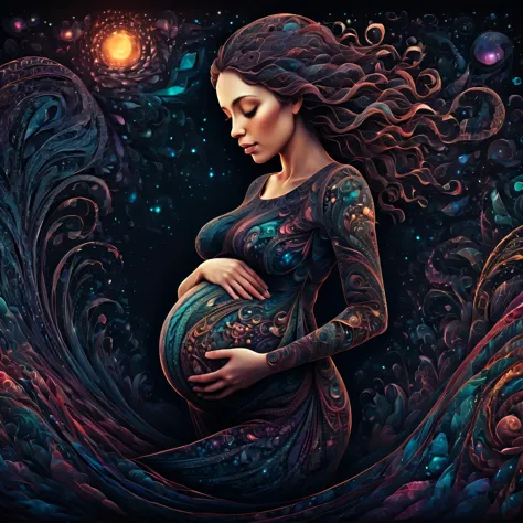 (best quality, highres, ultra sharp), magical pregnant woman, zentangle, full colored, 3d crunch, realistic feeling, magical sce...