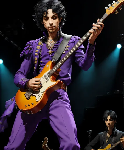(the artist Prince tocando guitarra standing on stage, criativo):0.8, music, vibrante, atmosfera envolvente, cores vivas, energia contagiante