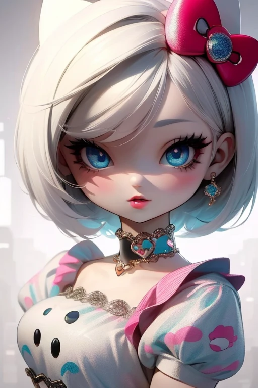 make hello kitty as a human,girl,white hair,lips,blue eyes,short hair