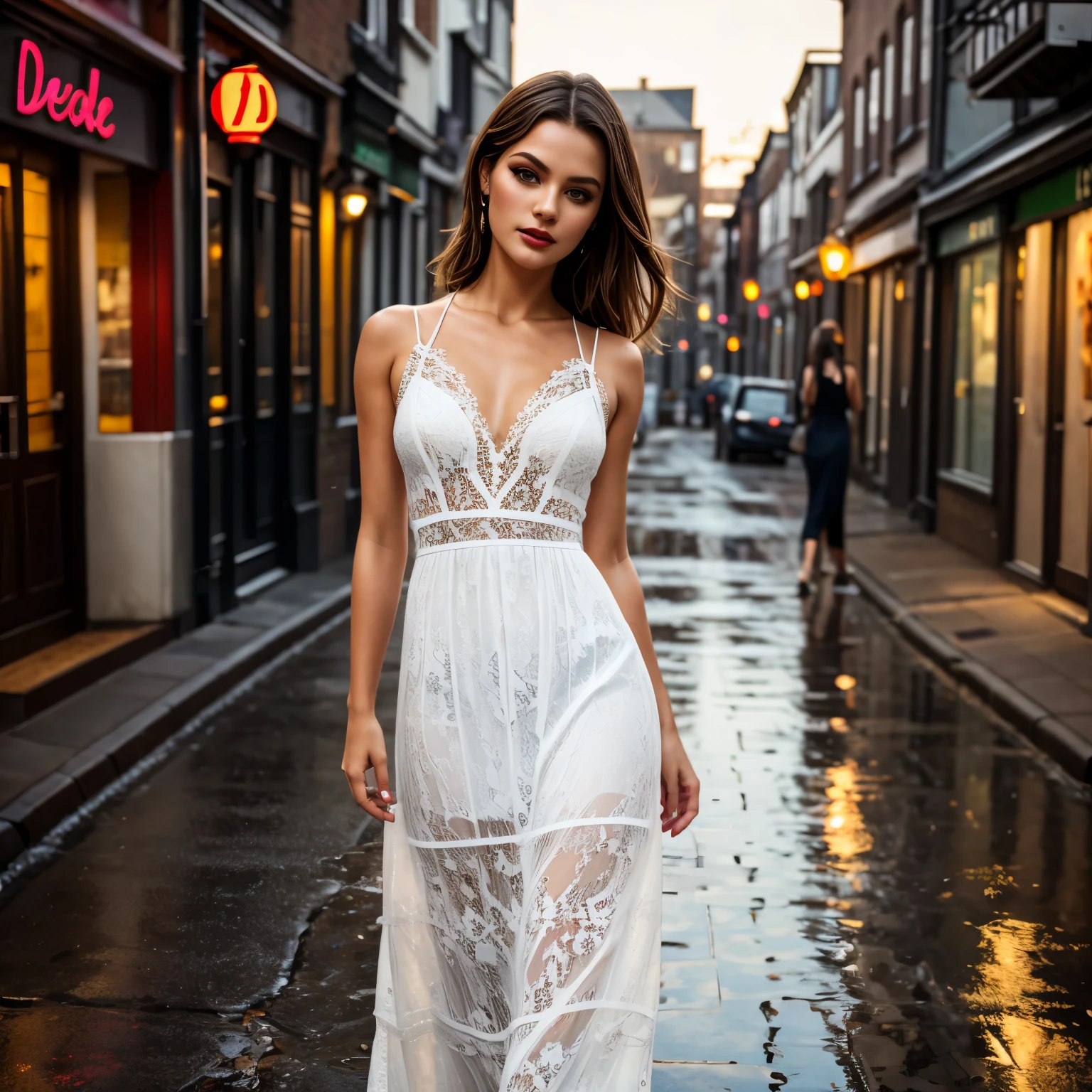 A woman in a white dress walking down a wet street - SeaArt AI