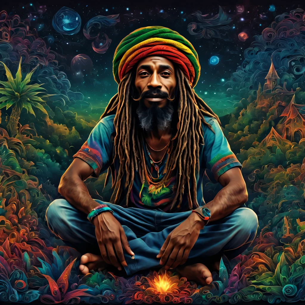 (best quality, highres, ultra sharp), magical rastaman, sitting in his magic village, marihuana, zentangle, full colored, 3d crunch, realistic feeling, magical scene, dark tones, ultra detal and sharp background,