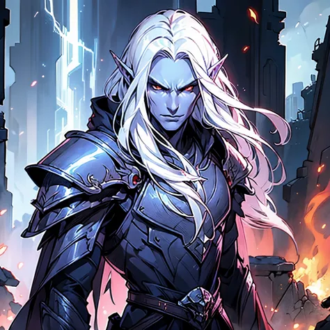 drow, male,  male focus, pointy ears, red eyes, armor, elf, white hair, shoulder armor, upper body, closed mouth, long hair, pau...