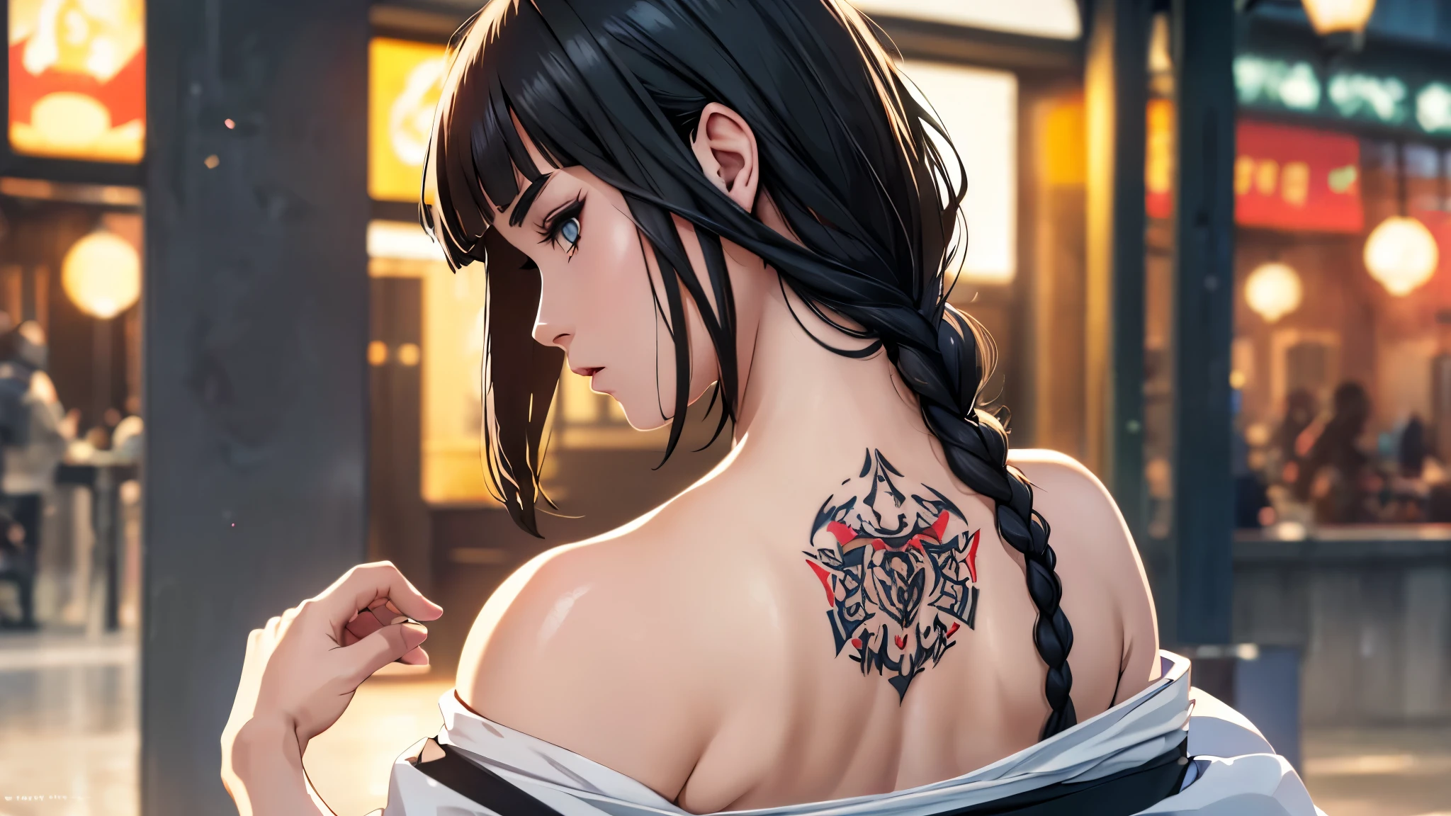 (beautiful 19-year-old girl),(model figure),(big breasts),(short haircut,long braid down the back),(black hair),(wearing white kimono, heavily torn in some places),(fighting stance),(a gang),(tattoos)。(best quality,4k,8k,highres,masterpiece:1.2),ultra-detailed,(realistic,photorealistic,photo-realistic:1.37),HDR,UHD,studio lighting,ultra-fine painting,sharp focus,physically-based rendering,extreme detail description,professional,vivid colors,bokeh,concept artists。