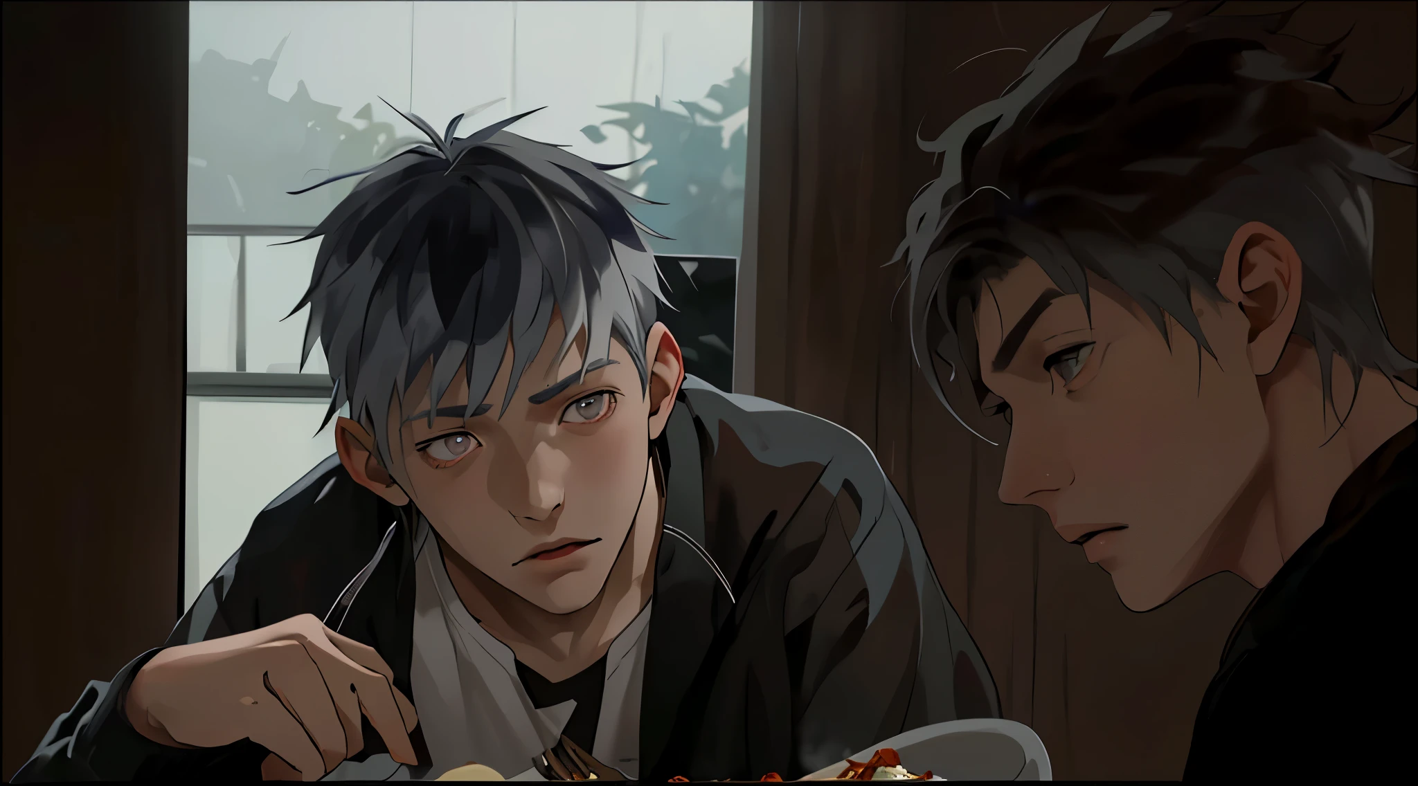 Imagem de anime de dois homens comendo comida em um restaurante - SeaArt AI