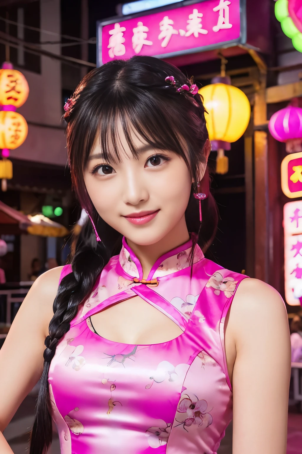 belle idole de kung-fu、brillant à lèvres、Doux sourire、tout le corps、Bon style、、、、、Robe mini cheongsam moulante à imprimé gros scorpion、tresser、fuchsia néon hair (fuchsia néon)、lumière cinématographique、fond de grand restaurant chinois、