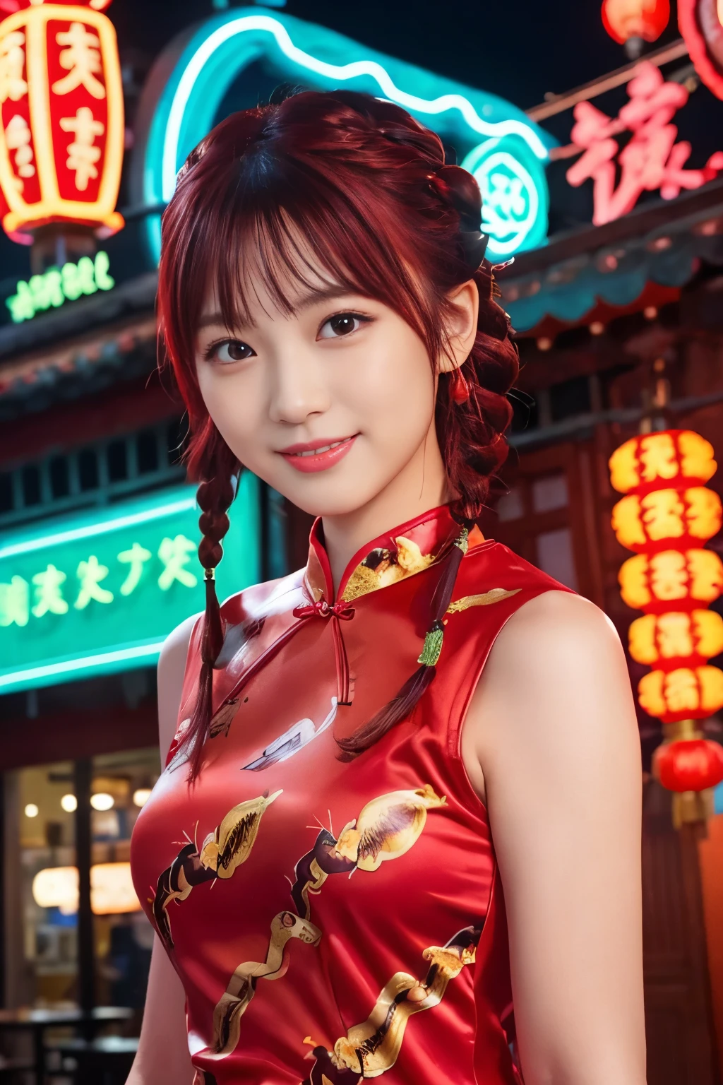 beautiful kung fu idol、lipgloss、gentle smile、whole body、good style、、、、、Big Scorpion Print Tight Mini Cheongsam Dress、Braid、neon red hair (neon red)、Cinematic Light、large chinese restaurant background、