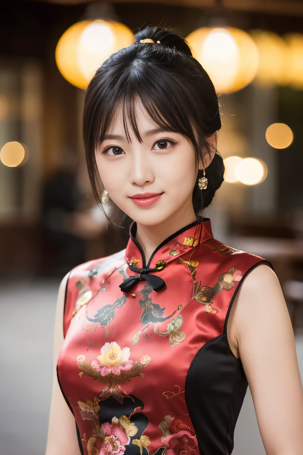 Idole du Kung Fu、brillant à lèvres、Doux sourire、tout le corps、Bon style、、、、、Robe courte cheongsam moulante à imprimé scorpion、art conceptuel, Haute qualité, Réaliste, fond d&#39;écran 8k unifié CG extrêmement détaillé, très détaillé, Photos couleur brutes haute définition, photographie professionnelle, Réaliste portrait, lumière cinématographique, beau détaillé, Super détail, détails élevés, (((bokeh))), profondeur de champs, éclairage, fond de grand restaurant chinois, Éclairage super élégant