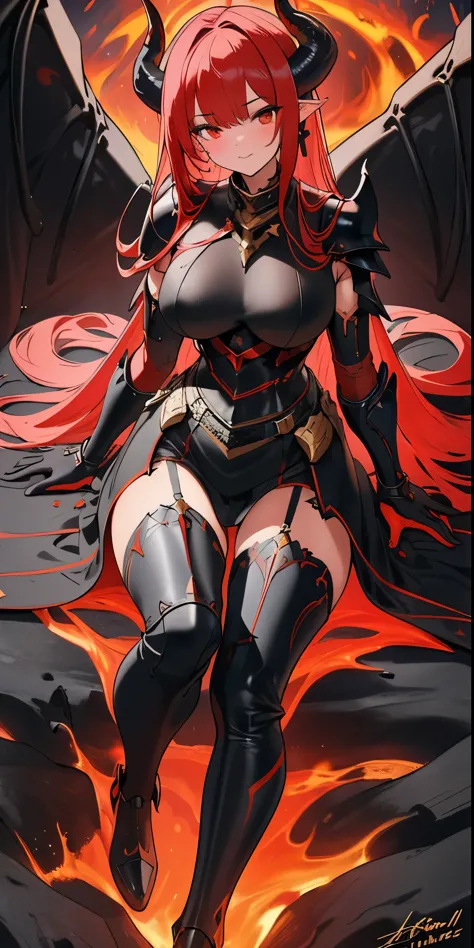 ((best quality)), ((masterpiece)), (detailed), perfect face, 1girl, solo, black and red armour, horns, ashes, molten lava, fire breath, large breasts, black legwear, ultra detailed, highest resolution, best quality, gorgeous lady