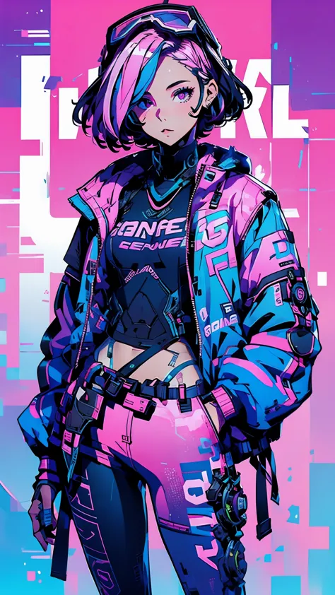 programmer girl, pink hair, blue ombre, cute face, short hair, high definition, master peace, sexy, jacket