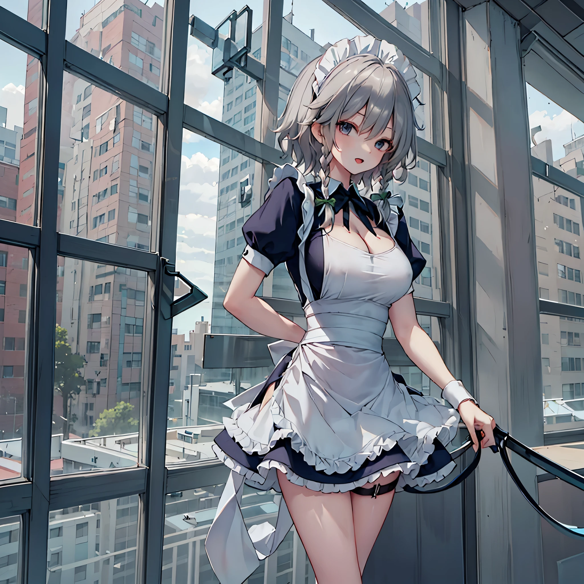 (solo Sakuya toho character standing at front of large glass windows), skinny, (open long legs wide:1.3), BREAK, (large perky breasts), (emphasize cleavage), (inconceivably thin narrow waist:1.6), short torso, thin long legs apart, arms behind back, arched back, emphasize thigh gap, BREAK, (very short maid dress) lifted breasts up, (maid dress cinches narrow waist too tight:1.4), cleavage cutouts wide, (too short skirt:1.3), highheels, tiptoe, (pigeon toed), smile for viewer, open mouth