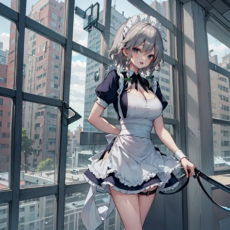 (solo Sakuya toho character standing at front of large glass windows), skinny, (open long legs wide:1.3), BREAK, (large perky br...
