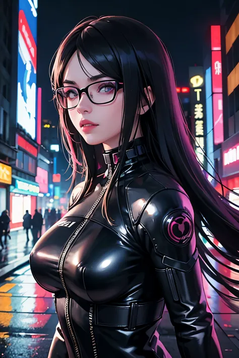 cyber woman in latex outfit upper body standing on street at night, in cyberpunk city, cyberpunk photo, cyberpunk 2 0 y. o model...