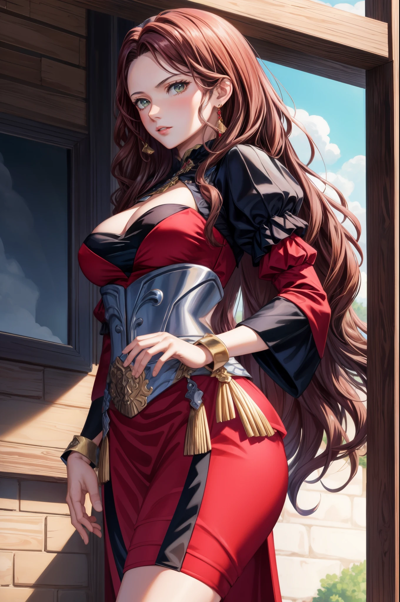 masterpiece, best quality, dorothea, red dress, detached sleeves, corset, looking at viewer, upper body, cowboy shot