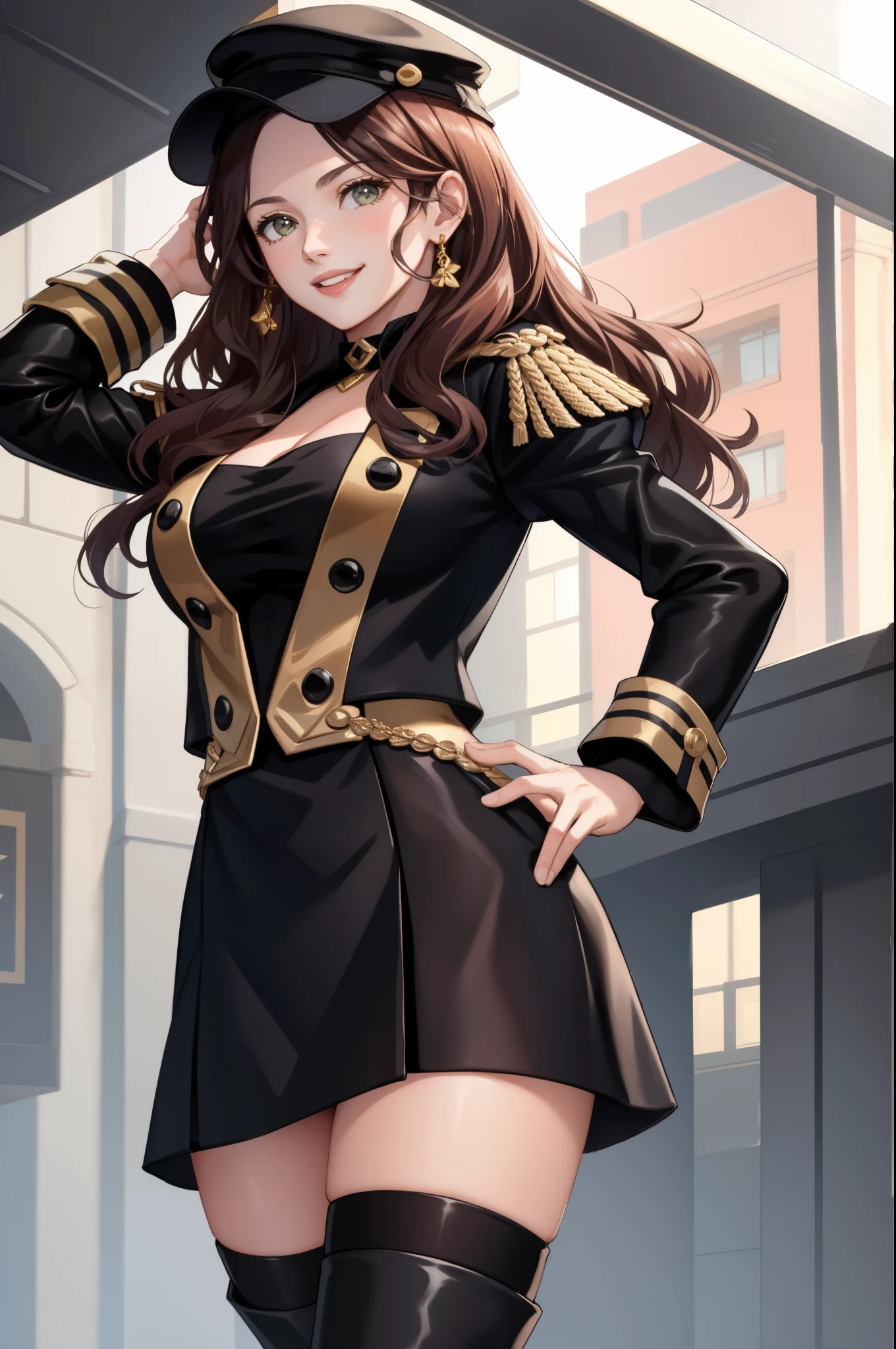 masterpiece, best quality, dorothea, cabbie hat, collar, black jacket, black skirt, thighhigh boots, smile,