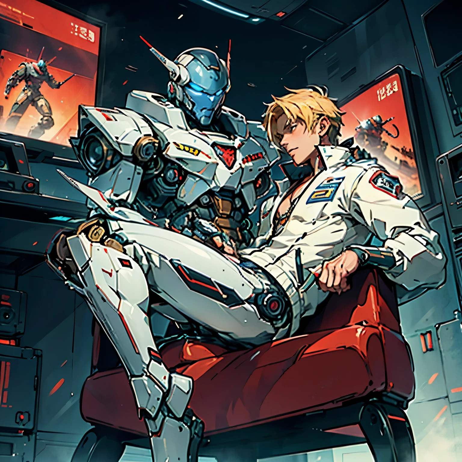 A young adult slightly muscular human white blonde sexy male pilot of plane wearing tight pilot uniform consisting of white shirt and unzipped pants, he is suddenly attacked by a monstrous robotic creature (NSFW), the robot is jerking off pilot, (mecha robot restraining him), panties undressing (dick and testicles visible) ,his body is vibrating, (( mecha robot x male pilot love affair, they are having sex on chair)), straddling chair  (backview), mecha robot dick,