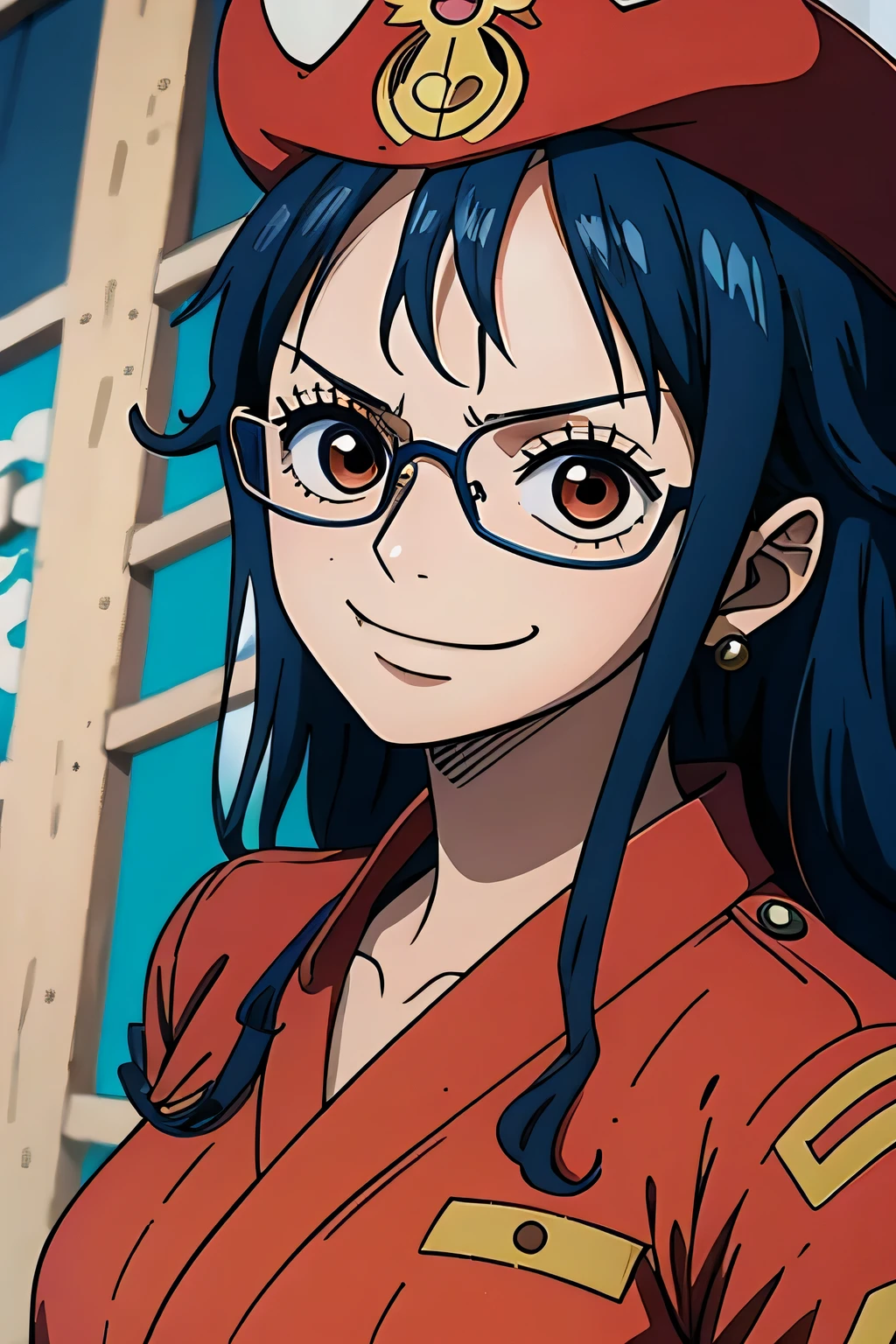 Anime girl with blue hair and glasses wearing a red hat - SeaArt AI