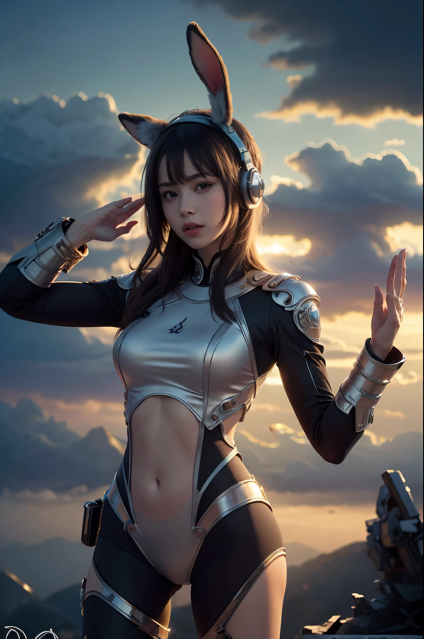 RAW photo, masterpiece:1.2), (realistic, photo-realistic:1.4), 1 girl, alone, :D, animal ear heaDphones, animal ears, Raise the hand, bangs, blush, boDysuit, chest, bunny pose, write clothes, covereD navel, croppeD jacket, fake animal ears, gloves  full boDy shot) extremely DetaileD, centereD, [intricate aztec temple in the backgrounD], High resolution, insane Details,, boDy, cowboy shot, hyperDetaileD, soft lighting, highest quality, (masterpiece:1.4), (highest quality:1.4) --automatic