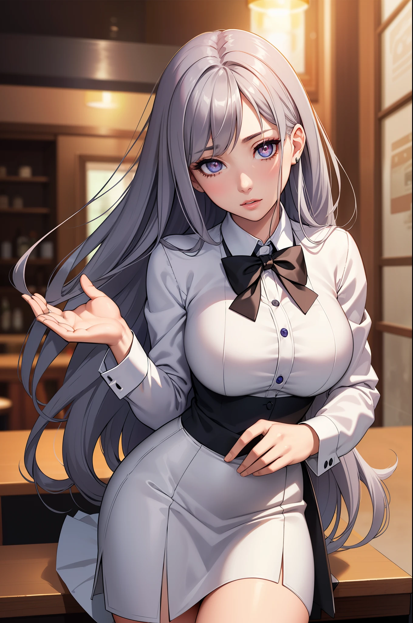 sakuyarindou768 (porter une tenue professionnelle,veste formelle,neck cravate, cravate,chemise blanche, jupe, talons,Jupe taille haute)( gros seins ronds parfaits,corps de sablier, Taille fine,BTPT-FC,photo réaliste, (hyperréaliste:1)Beau, chef-d&#39;œuvre, Meilleure qualité, visage extrêmement détaillé, éclairage parfait,maquillage détaillé des yeux, visage de détail, jolis yeux détaillés,belles mains, des mains parfaites (Des élèves réalistes,iris réaliste:1) maquillage des yeux épais,cheveux gris,cheveux longs,bue yeux,  (Travailler dans un restaurant, Restaurant d’arrière-plan)