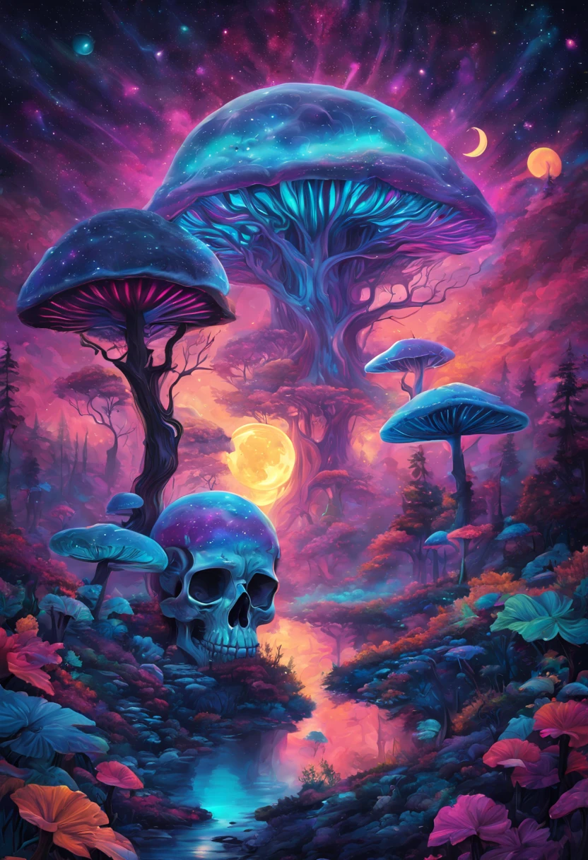 Galaxy skull colorful fantasy mushroom moon forest tree neon waterfall blue purple starry sky background