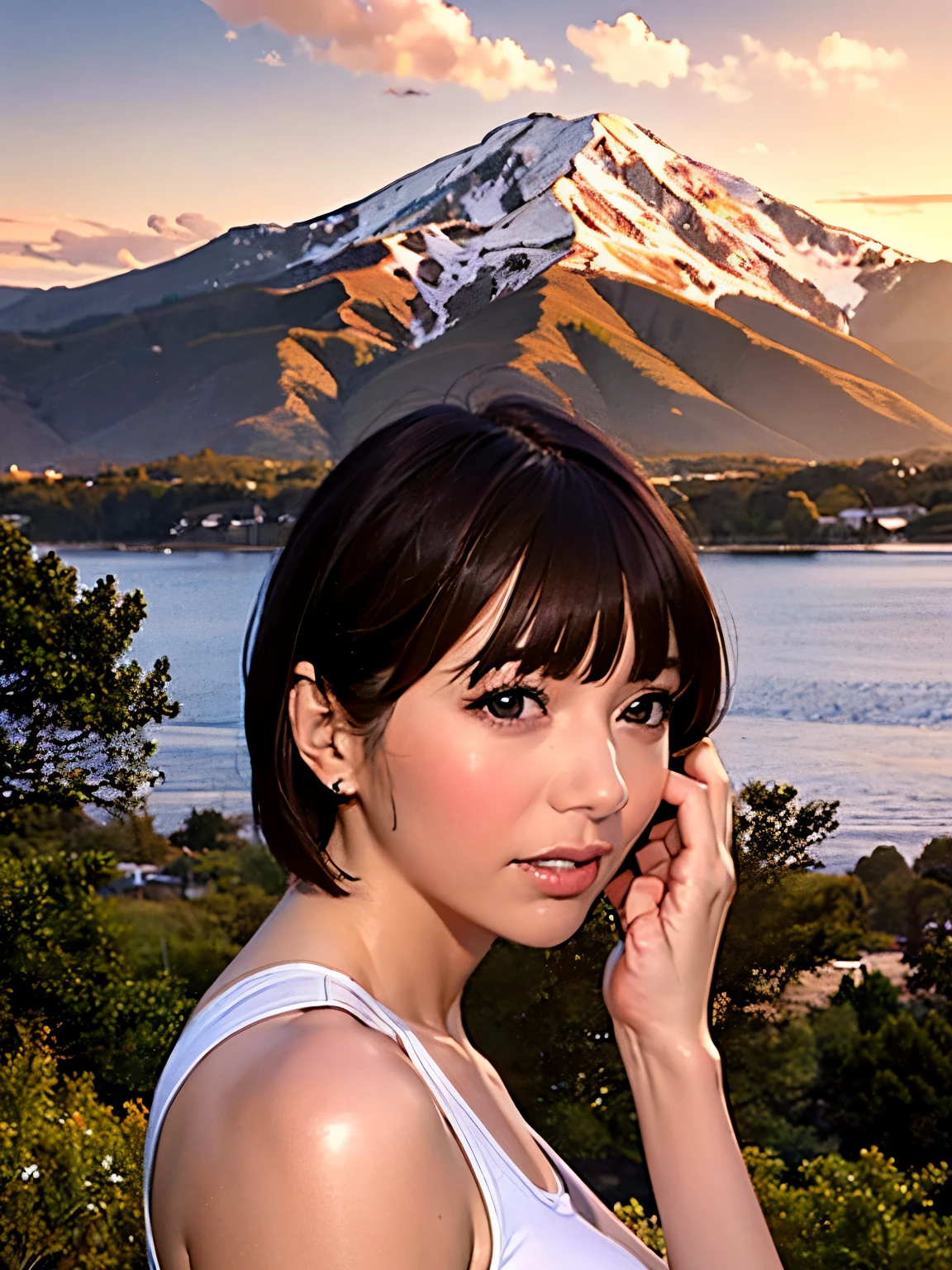 ((At SFW)), (highest quality、4k、8k、High resolution、masterpiece: 1.2)、Super detailed、(real、photorealistic、photorealistic: 1.37)、Beautiful detailed landscape of mountains、orange and purple clouds at sunset、Enchanting and magical、((beautiful breast bulge、Glossy skin:1.4、Swelling nipples erect under clothes))、Close-up of woman with bag and tank top, short～medium hair, with short hair, ミディアムshortヘア, Cute girl - well-groomed face, with short hair with bangs, neat hair with bangs, beautiful japanese girl face, short brown hair with bangs, shoulder length brown hair, short brown hair and big eyes, shoulder length hair