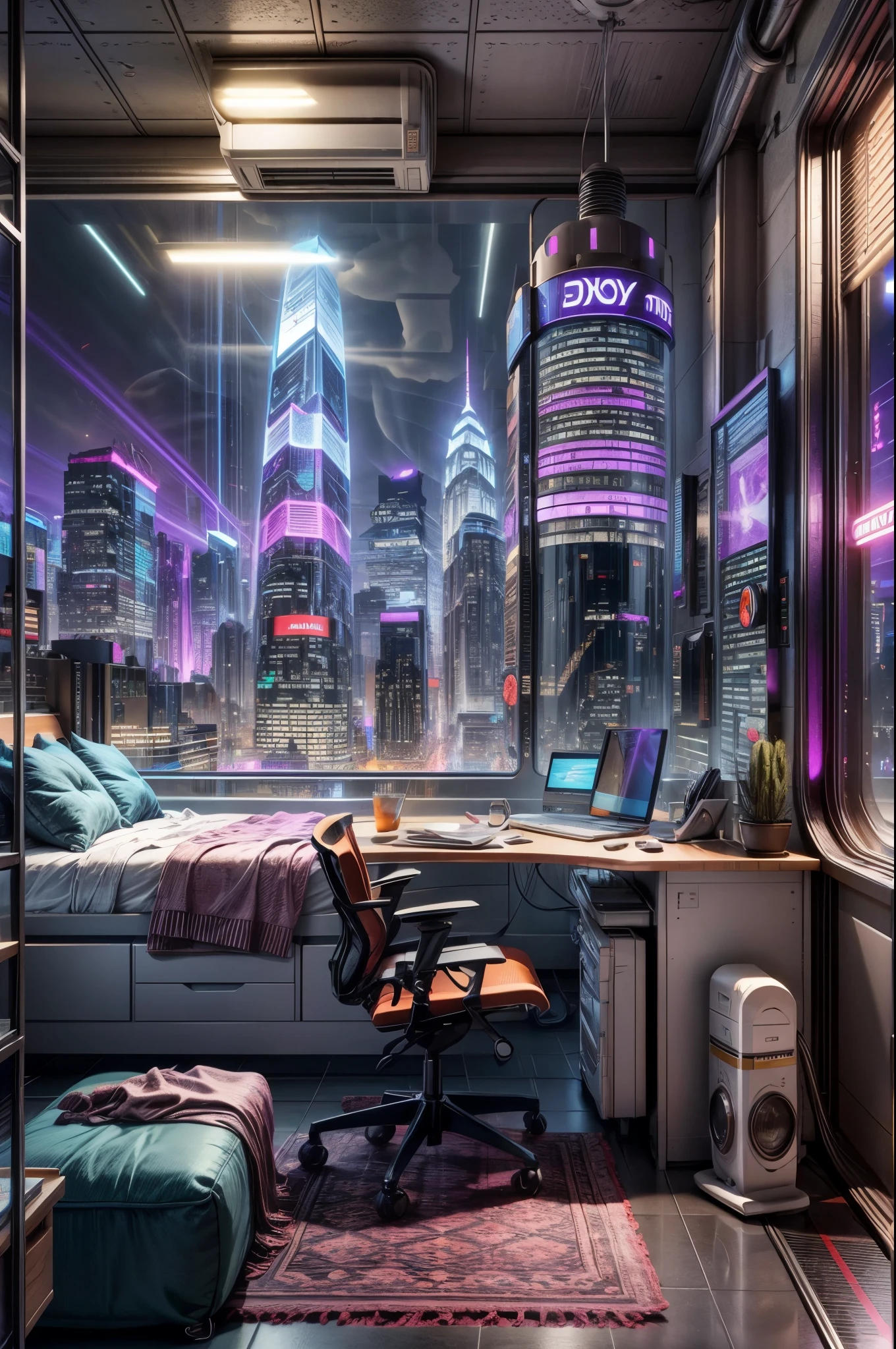 ((masterpiece)), (ultra-detailed), (intricate details), (high resolution CGI artwork 8k), Create an image of a retro futuristic cyberpunk bedroom. One of the walls should feature a big window with a busy, colorful, and detailed cyberpunk cityscape. Futuristic style with lots of colors and LED lights. The cityscape should be extremely detailed with depth of field. Utilize atmospheric lighting to create depth and evoke the feel of a busy futuristic city outside the window. Pay close attention to face details like intricate, hires eyes and bedroom accents. Camera: wide shot showing the room and the window. The window should be the focal point of the image. Lighting: use atmospheric and volumetric lighting to enhance the cityscape details. The room should be illuminated by the neon lights from the cityscape.