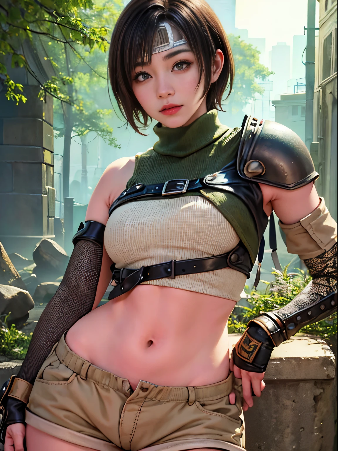 masterpiece, 最high quality:1.4), (1 girl), alone, (european youth:1), 1 girl, short hair, headband navel, No sleeve, turtleneck, brown eyes, No sleeveturtleneck, alone, chest, view viewer, sexy smile, mitt, crop top, brown hair, shorts, abdomen, armor, sweater, open fly, fingerless gloves, リブsweater, 中chests, Yuffie_Kisaragi_01, surreal girl, high detail skin, Digital single-lens reflex camera, soft lighting, high quality, highly detailed face, highly detailed skin, skin pores, Scattered beneath the surface, realistic pupils, 中chest, plump lips, detailed background, Depth of the bounds written, sharp focus, absurd, realistic proportions, excellent anatomy, (realistic, 超realistic:1.4), 16K HD,