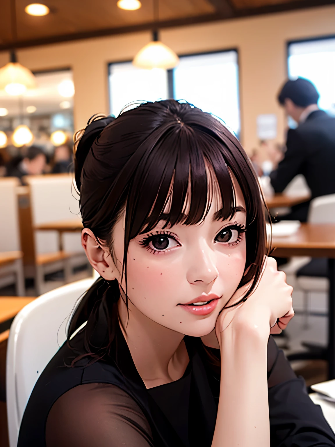 ((At SFW)), (highest quality、4k、8k、High resolution、masterpiece: 1.2)、Super detailed、(real、photorealistic、photorealistic: 1.37)、Girl in short ponytail lying at a restaurant table in formal suit, clear eyes, perfect body, (look down at the viewer:0.8), (Pueros face_v1:0.2), removed sleeve, open your mouth, bangs, 1 girl, shiny skin, (masterpiece;1.0), (realistic:1.4), (sharp focus:1.2),