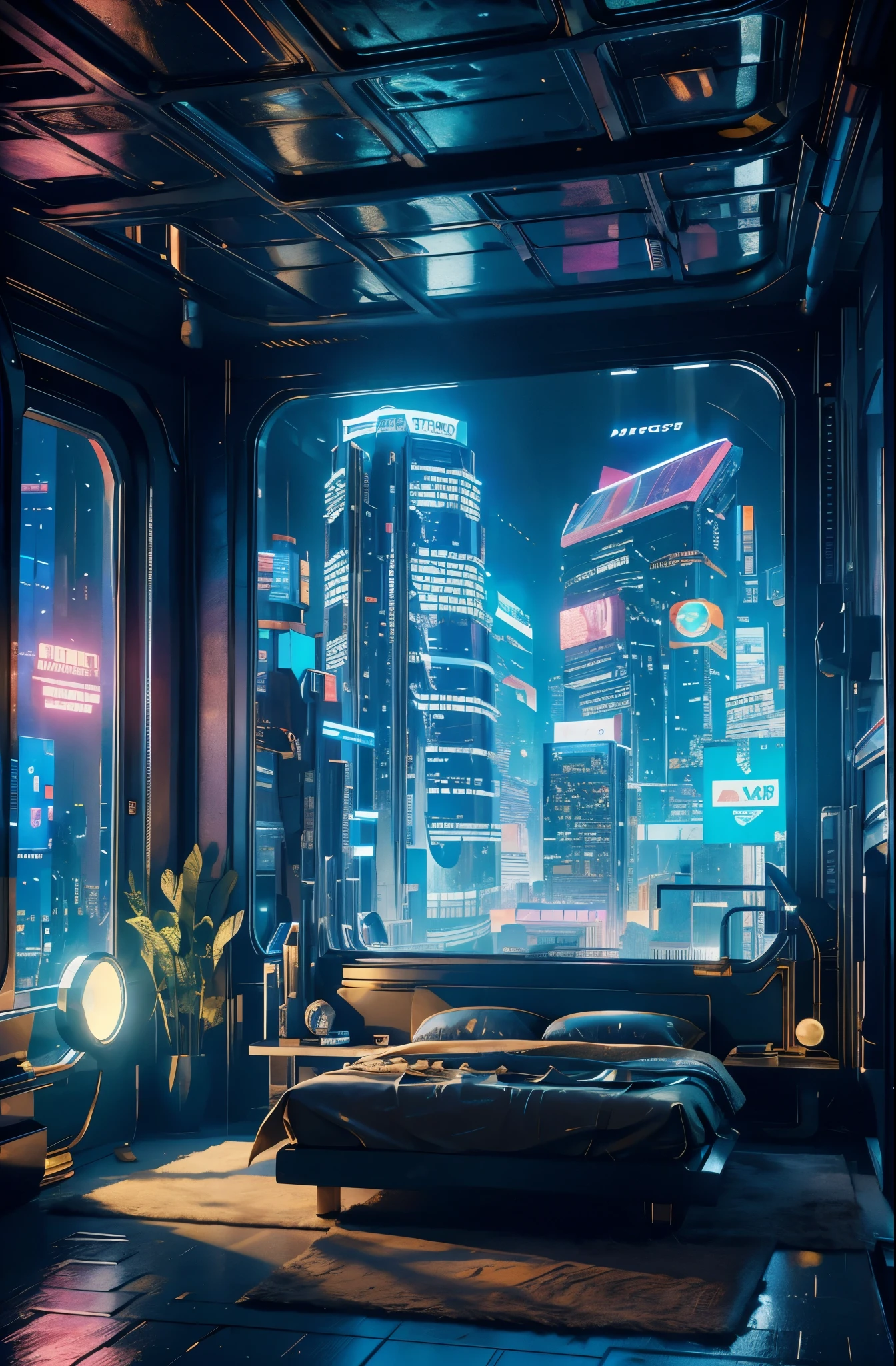 ((masterpiece)), (ultra-detailed), (intricate details), (high resolution CGI artwork 8k), Create an image of a retro futuristic cyberpunk bedroom. One of the walls should feature a big window with a busy, colorful, and detailed cyberpunk cityscape. Futuristic style with lots of colors and LED lights. The cityscape should be extremely detailed with depth of field. Utilize atmospheric lighting to create depth and evoke the feel of a busy futuristic city outside the window. Pay close attention to face details like intricate, hires eyes and bedroom accents. Camera: wide shot showing the room and the window. The window should be the focal point of the image. Lighting: use atmospheric and volumetric lighting to enhance the cityscape details. The room should be illuminated by the neon lights from the cityscape.