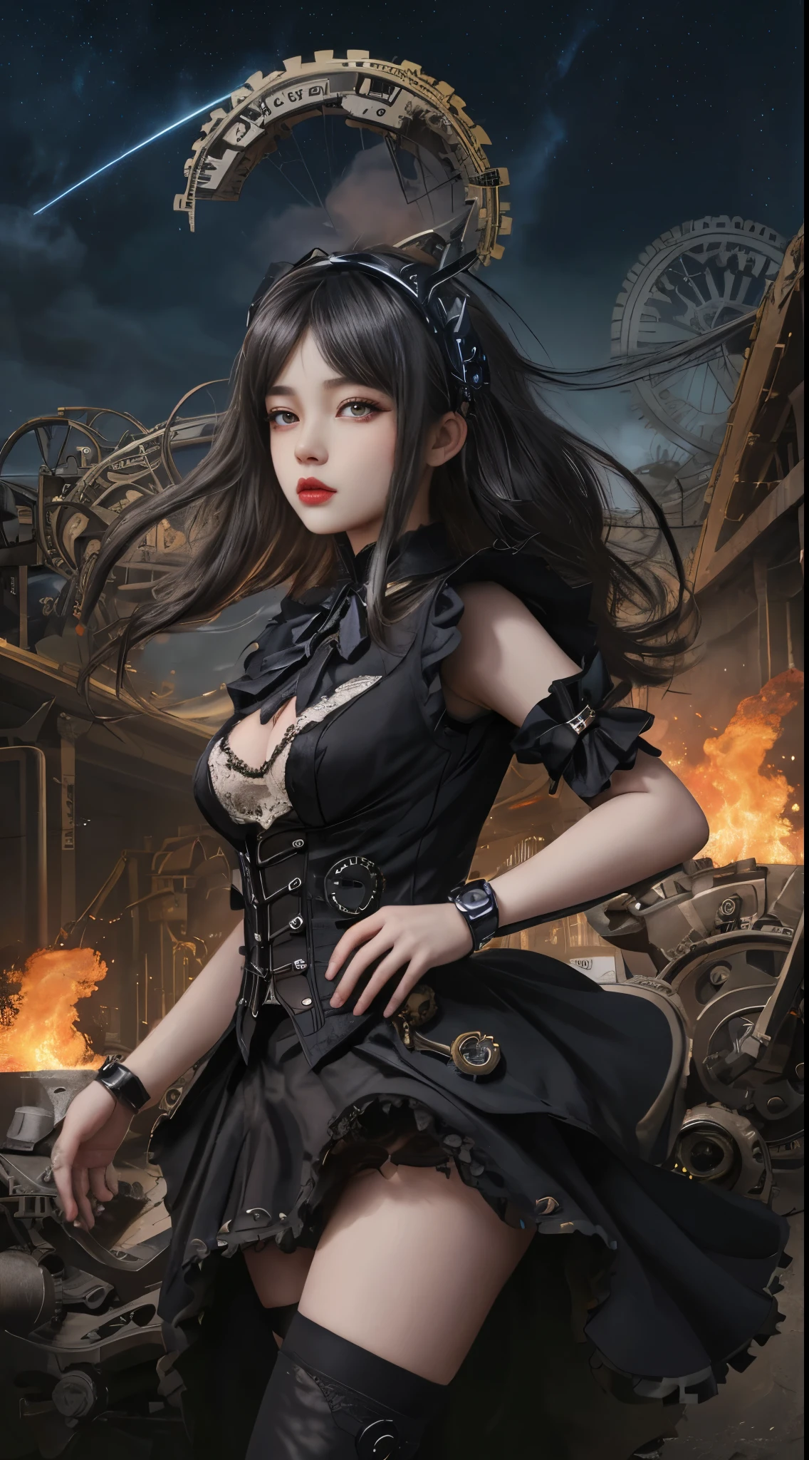 Mechanical doll magical girl, female, 14 years old, very dynamic action pose, UHD, retina, masterpiece, anatomically correct, skin texture, super detailed, highly detailed, high quality, award winning, top quality, 16K, thick bangs, beautiful long black hair curled vertically and heavily disheveled in the wind, slit eyes, very large crescent-shaped eyes, very large dark gray eyes shining like jewels, long eyelashes, very thin little nose, very small mouth, very thin upper lip, light colored natural makeup, very slender and attractive body, (complex mechanical steampunk headgear, black lace flared skirt, complex mechanical overdecorated gothic lolita fashion combined with steampunk fashion), upturned small beautiful breasts, (exploding flames in the background). (complex mechanic factory, lots of gears, lots of piping, lightning filled space sky), create highly detailed and realistic images, (super detailed background), (dark mysterious: 1. 2),