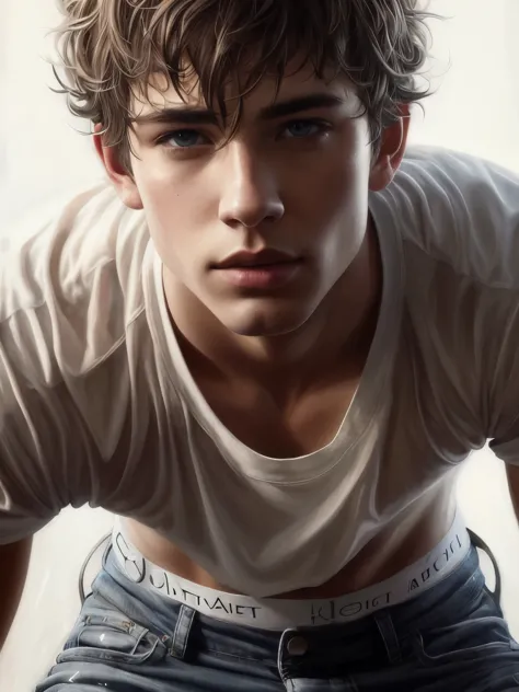 un primer plano de un hombre con una camisa blanca y jeans, fan art fotorrealista, hyperrealistic fantasy art, pintura ilustrati...