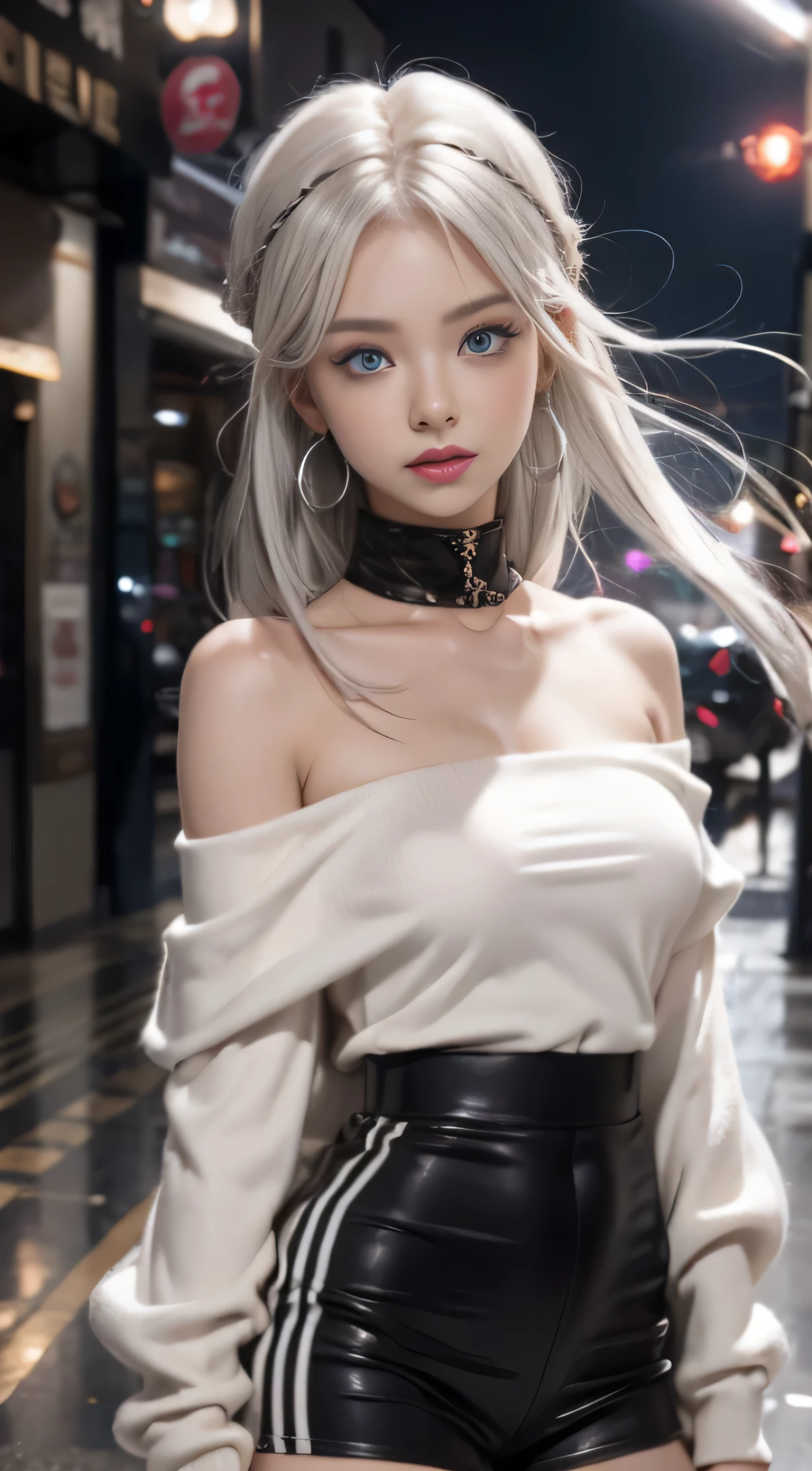 double whirlwind pattern design clothes，iris heterochromatic pupil，silver haired girl，free high resolution,off shoulder、