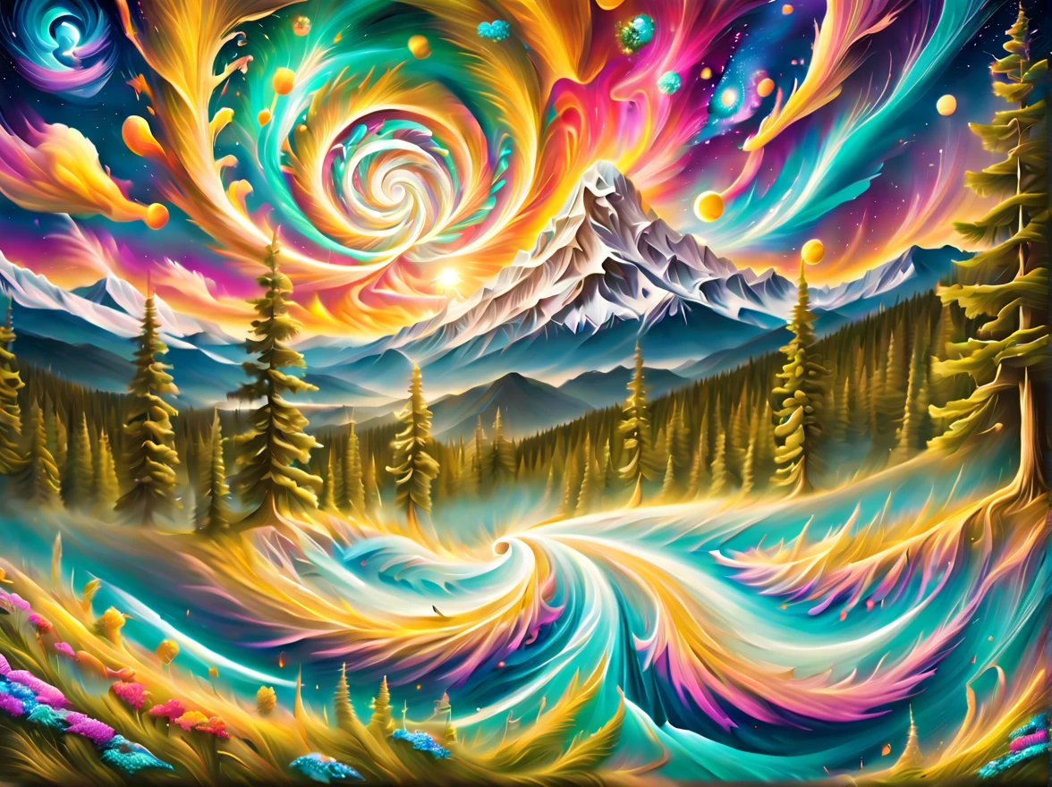 A painting of a spiral galaxy，Trees and mountains in the background, swirling nature magic, Rotate scene, psychedelic aesthetic, cosmic and colorful, rotating water universe, Mysterious vortex, psychedelic art style, Rotate scene in forest, psychedelic landscape, spiral heavens, space colors, psychedelic sky, Colorful swirl magical clouds, Illusion psychedelic art, Psychedelic bright colors