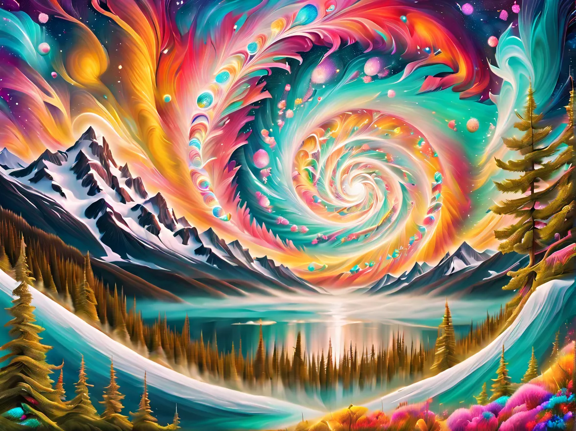 A painting of a spiral galaxy，Trees and mountains in the background, swirling nature magic, Rotate scene, psychedelic aesthetic,...