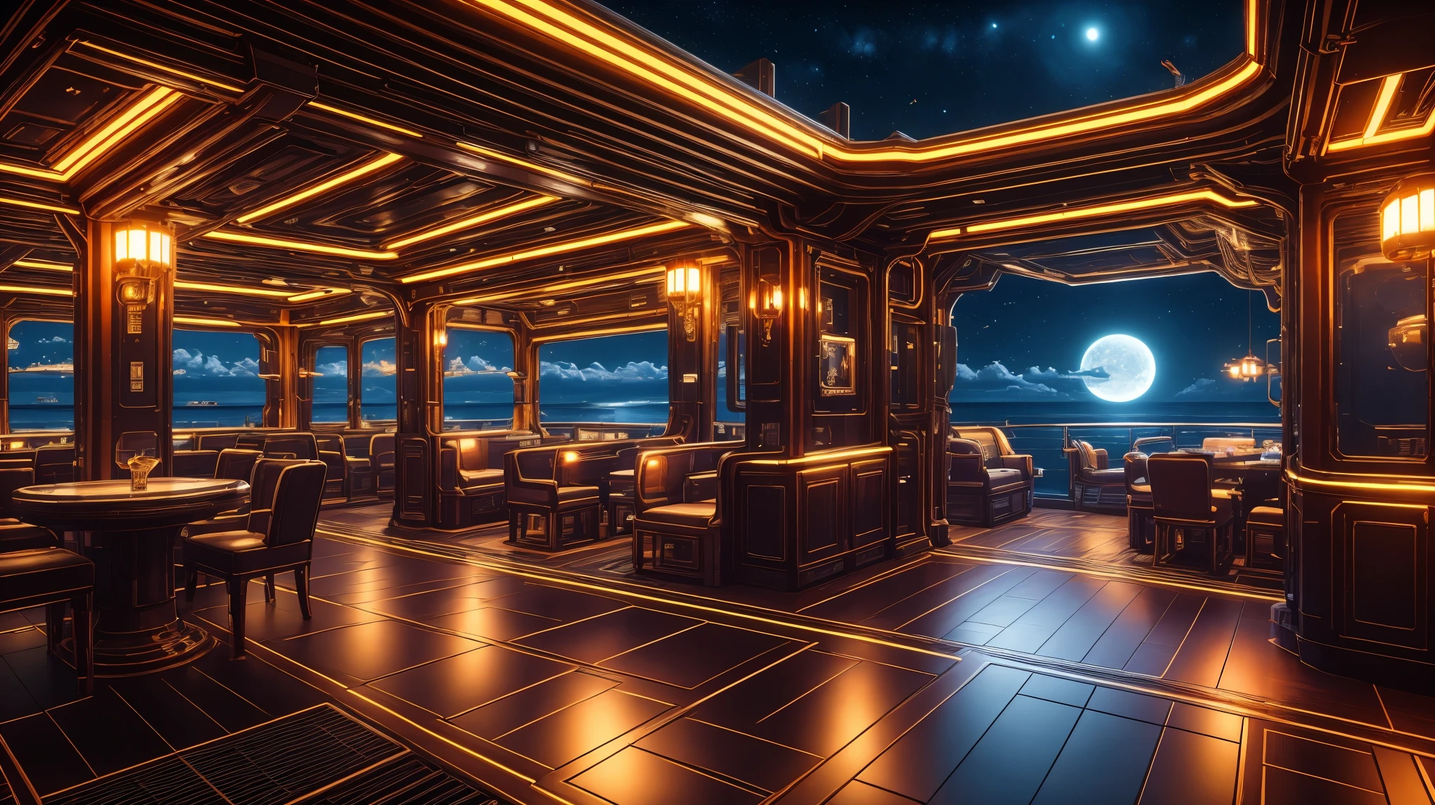 COMG3O，(best quality,4k,8k,highres,masterpiece:1.2),ultra-detailed,(realistic,photorealistic,photo-realistic:1.37),nighttime,dream-like,luxury cruise ship,sparkling lights,glamorous atmosphere,ocean view,starry sky,twinkling stars,
reflection on the water,golden moonlight,gentle waves,majestic ship structure,elegant architecture,illuminated deck,passengers enjoying the night,beautifully dressed men and women,dancing under the moonlight,live music filling the air,breathtaking fireworks display,romantic ambiance,exquisite cuisine and drinks,enchanting decorations,meticulously crafted interior design,lavish ballroom,blissful celebrations,captivating entertainment,unforgettable memories,tranquil and serene,hint of mystery,magical journey,endless possibilities.