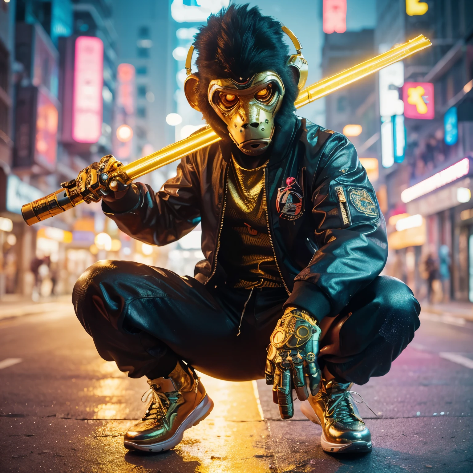 HD, 32k, Meisterwerk, Filmszene, filmische Beleuchtung, Hyperrealistischer, futuristischer Cyborg-Charakter eines menschlichen Affen, der mit seinem futuristischen neongoldenen Stab Breakdance macht, trage ein goldenes Stirnband, Schwarze Bomberjacke, Buggy-Hose, at futuristik neon city