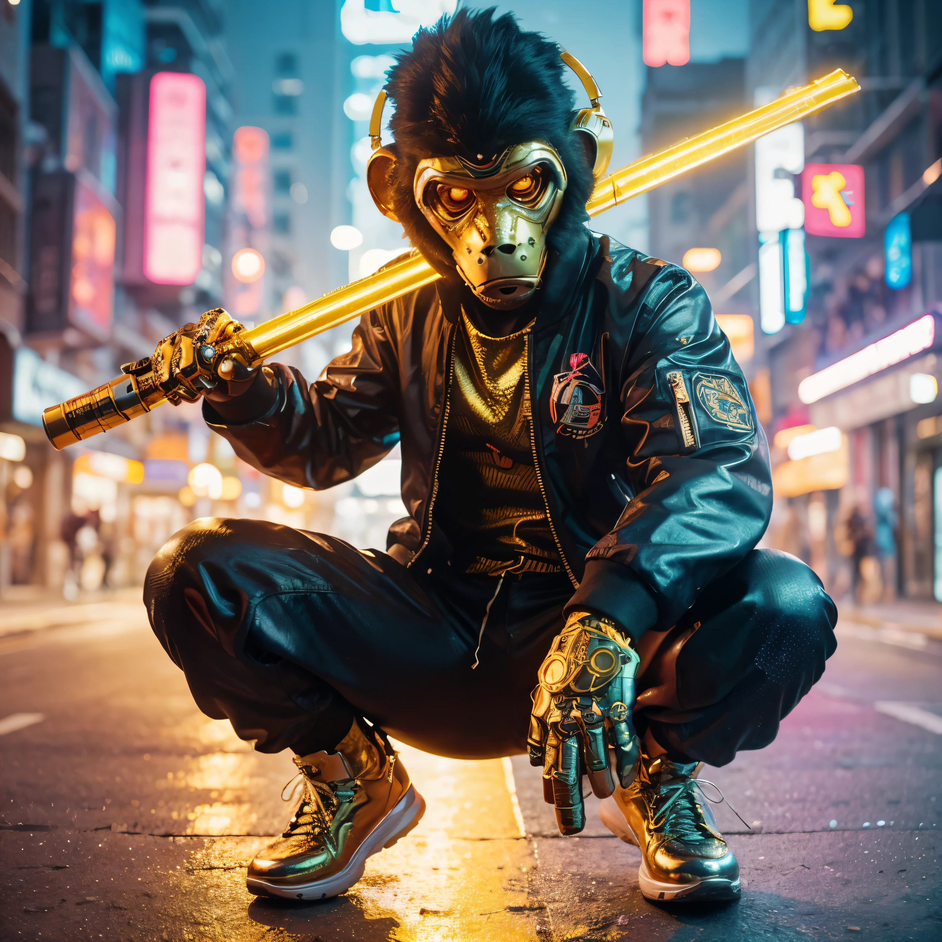 alta definición, 32k, obra maestra, escena cinematográfica, relámpago cinematográfico, Personaje Cyborg futurista hiperrealista de breakdance Human Monkey con su bastón dorado de neón futurista, usar diadema dorada, chaqueta bomber negra, Pantalones de paseo, en la ciudad futurista de neón