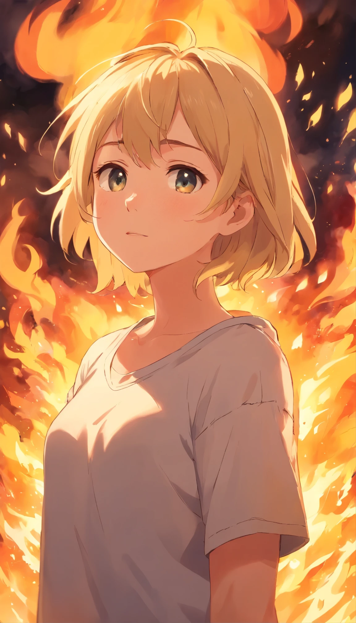 Anime girl with blonde hair and blue eyes standing in front of a fire -  SeaArt AI