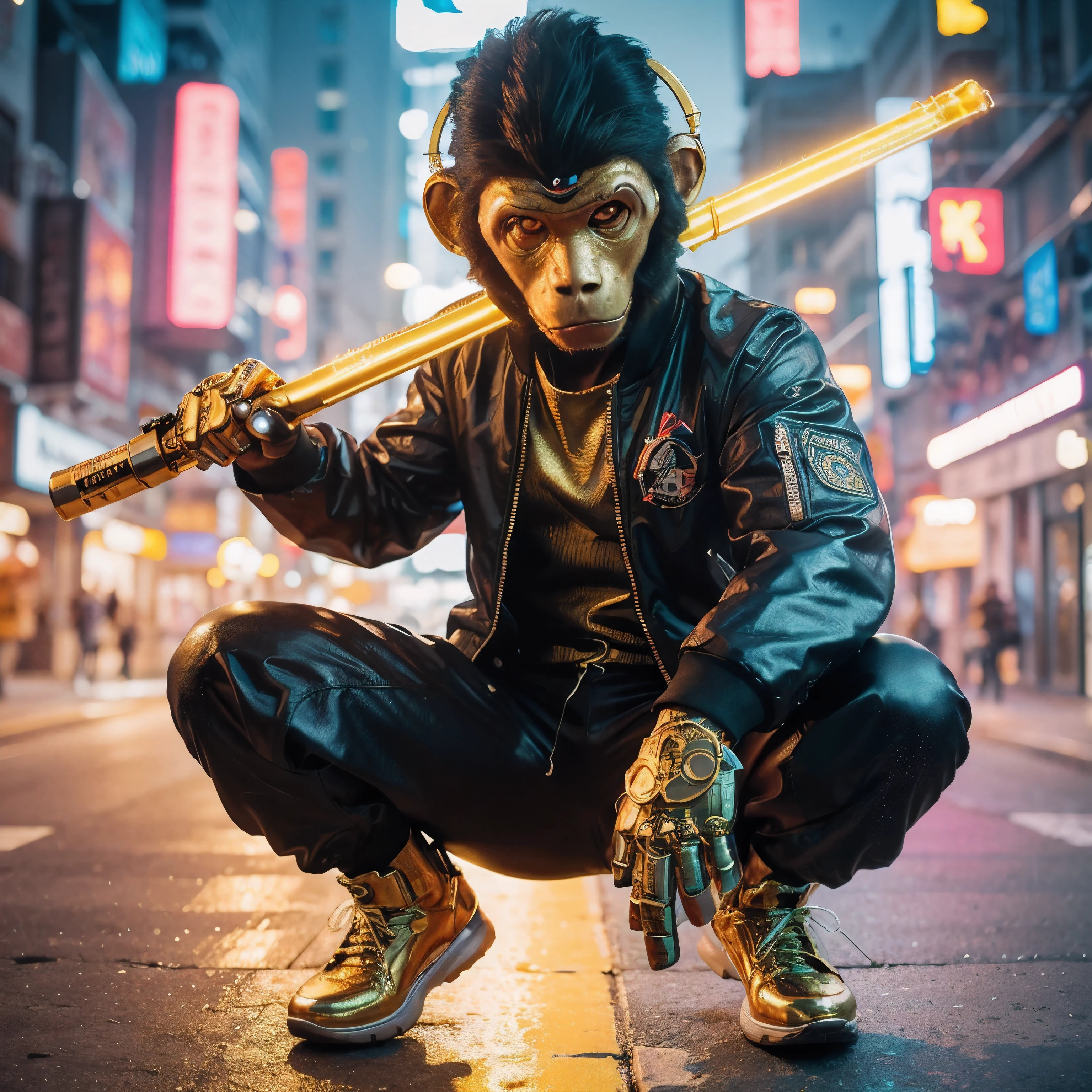 alta definição, 32 mil, obra de arte, Cena cinematográfica, Relâmpago Cinematográfico, Personagem Ciborgue Futurista Hiper Realista do breakdance do Macaco Humano com sua equipe futurista de néon dourado, usar bandana dourada, jaqueta bomber preta, Calça Buggy, na cidade futurista de néon