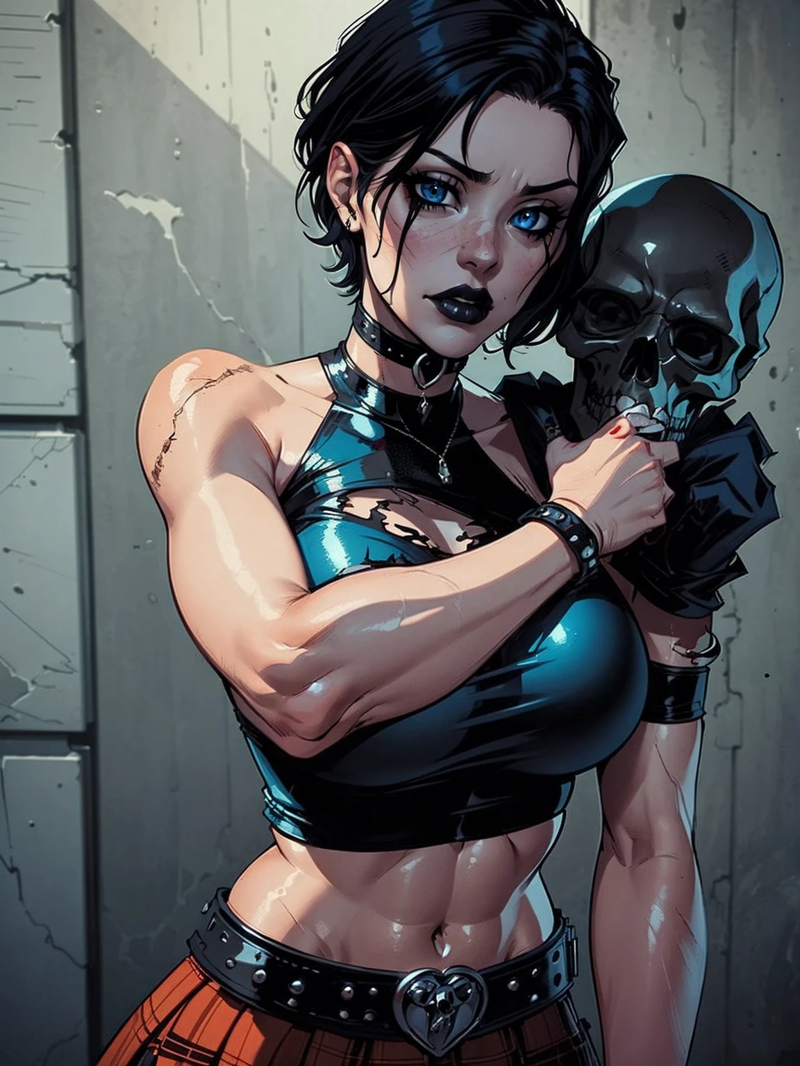 a woman with short black hair, hair on shoulders,  wearing a black cropped  and plaid skirt, blue eyes, zombie art, gothic art, cute aesthetic with vibe, toon aesthetic, wearing red costume, wearing gothic accessories, look like Cassie Hack, upper body, holding a skull in his hand, horror background