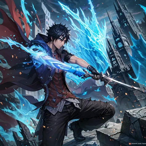 a man punching the ground making a crater in the ground, holding an ice sword, muscular, serious face, black hair, city in ruins...