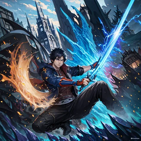 a man punching the ground making a crater in the ground, holding an ice sword, muscular, serious face, black hair, city in ruins...