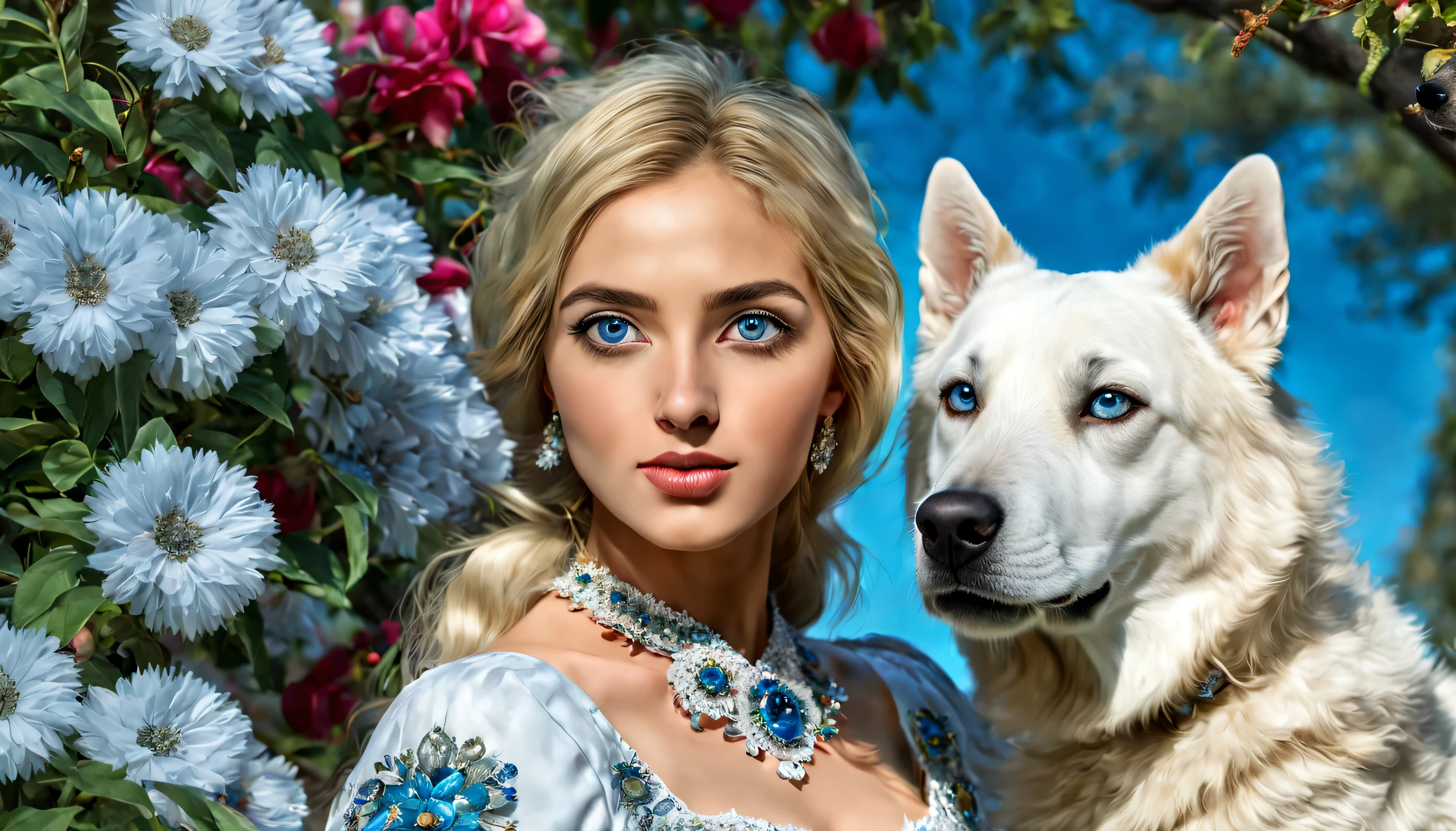 高解像度, 24k, デジタル, リアリズム, トルコの女の子, 異常な美しさ, 大きな青い目, 美しい25歳, 緑豊かな, トルコのドレス, 花畑で, 大きなトルコの木, 白いカンガル犬, 美しい細部, 二 