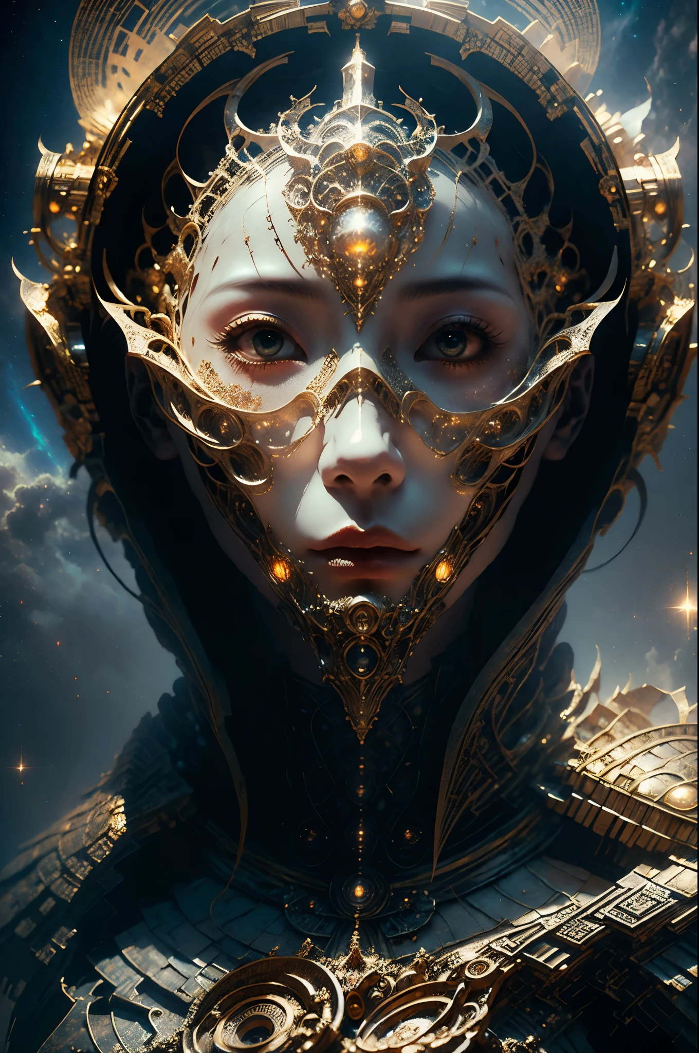 best quality, masterpiece, Very detailed, perfect lighting，fantastic style，cloud，woman，Mysterious mask，Beautifully dressed，armor，Surrealism， light and space