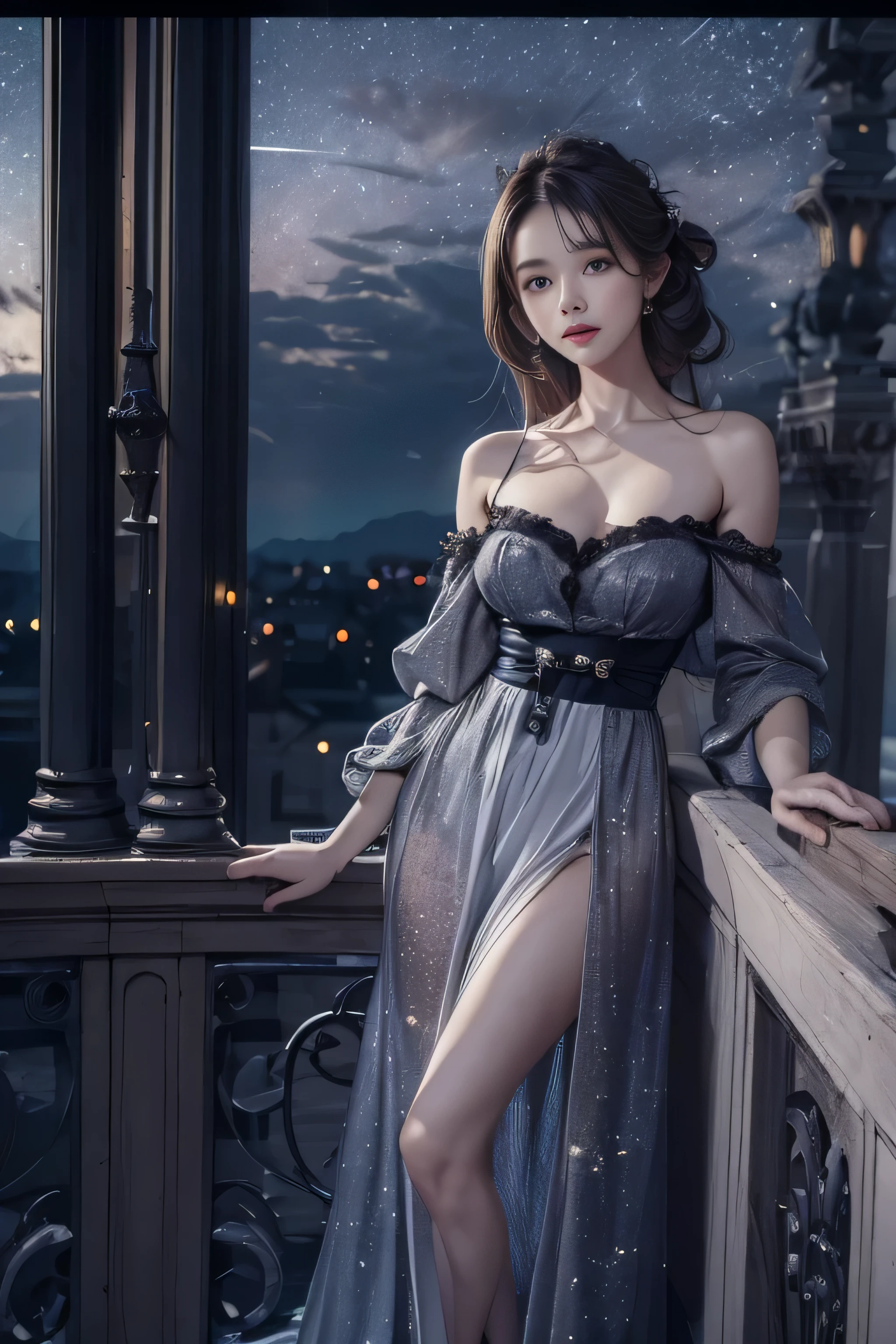 (Woman standing on balcony of palace)girl portrait photography, realistic, High resolution, 1 female, alone, Upper body, beautiful eyes, Close your lips, detailed face, gray hair, long hair, (off shoulder black lace long dress) ,(There is a slit up to the waist.),fur coat, stockings,(night sky full of stars)