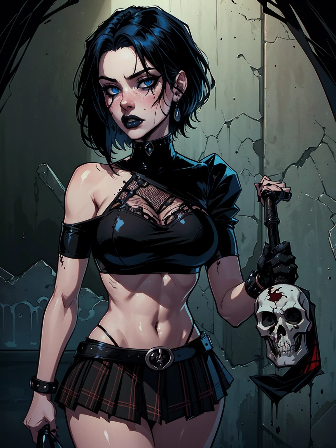 a woman with short black hair, hair on shoulders,  wearing a black cropped  and plaid skirt, black jacket blue eyes, zombie art, gothic art, cute aesthetic with vibe, toon aesthetic, wearing red costume, wearing gothic accessories, look like Cassie Hack, upper body, holding a skull in his hand, horror background