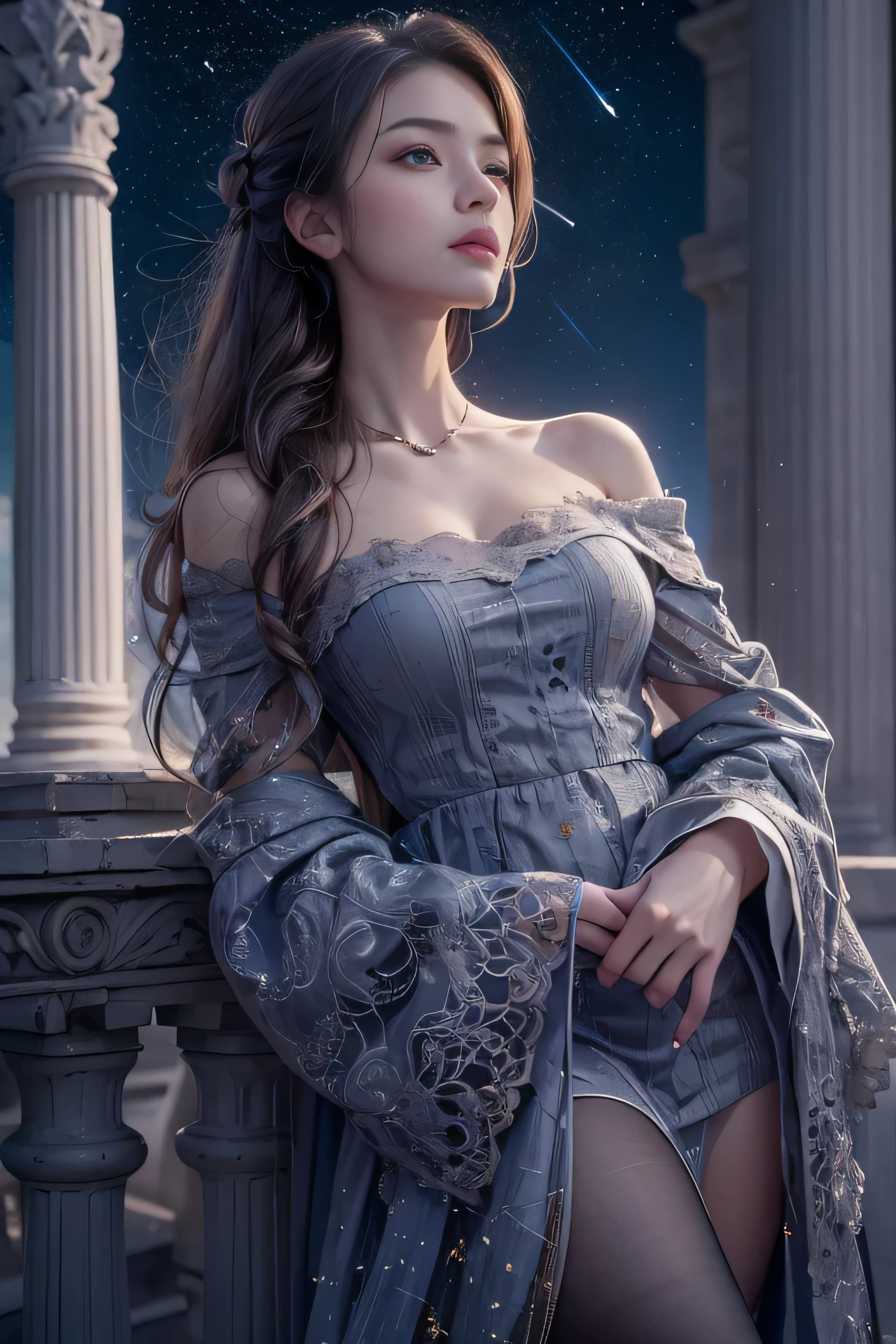 (Woman standing on balcony of palace)girl portrait photography, realistic, High resolution, 1 female, alone, Upper body, beautiful eyes, Close your lips, detailed face, gray hair, long hair, (off shoulder lace long dress) ,(There is a slit up to the waist.),fur coat, stockings,(night sky full of stars)