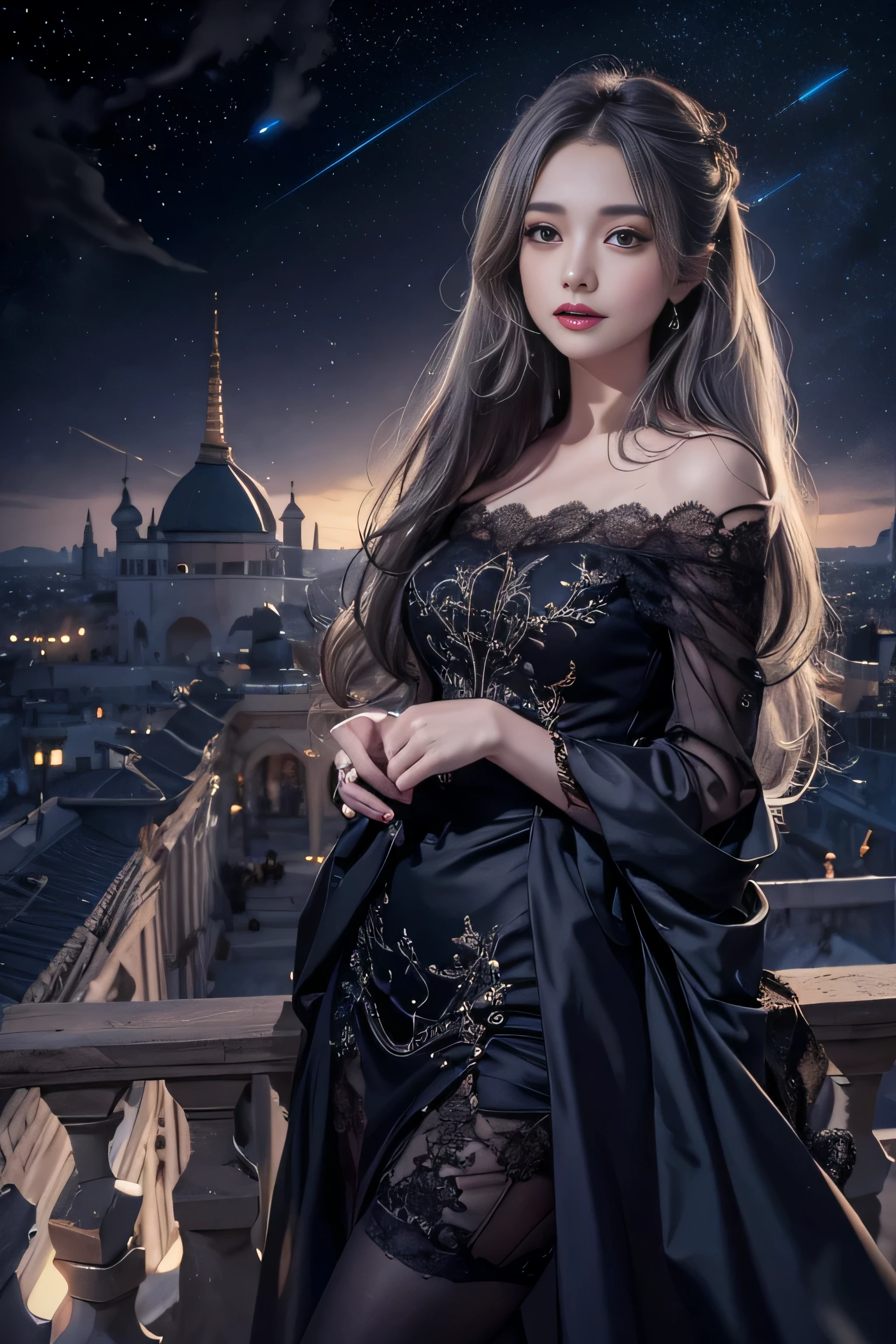 (girl standing on the balcony of the palace)girl portrait photography, realistic, High resolution, 1 female, alone, Upper body, beautiful eyes, Close your lips, detailed face, gray hair, long hair, (off shoulder black lace long dress) ,(There is a slit up to the waist.),fur coat, stockings,(night sky full of stars)