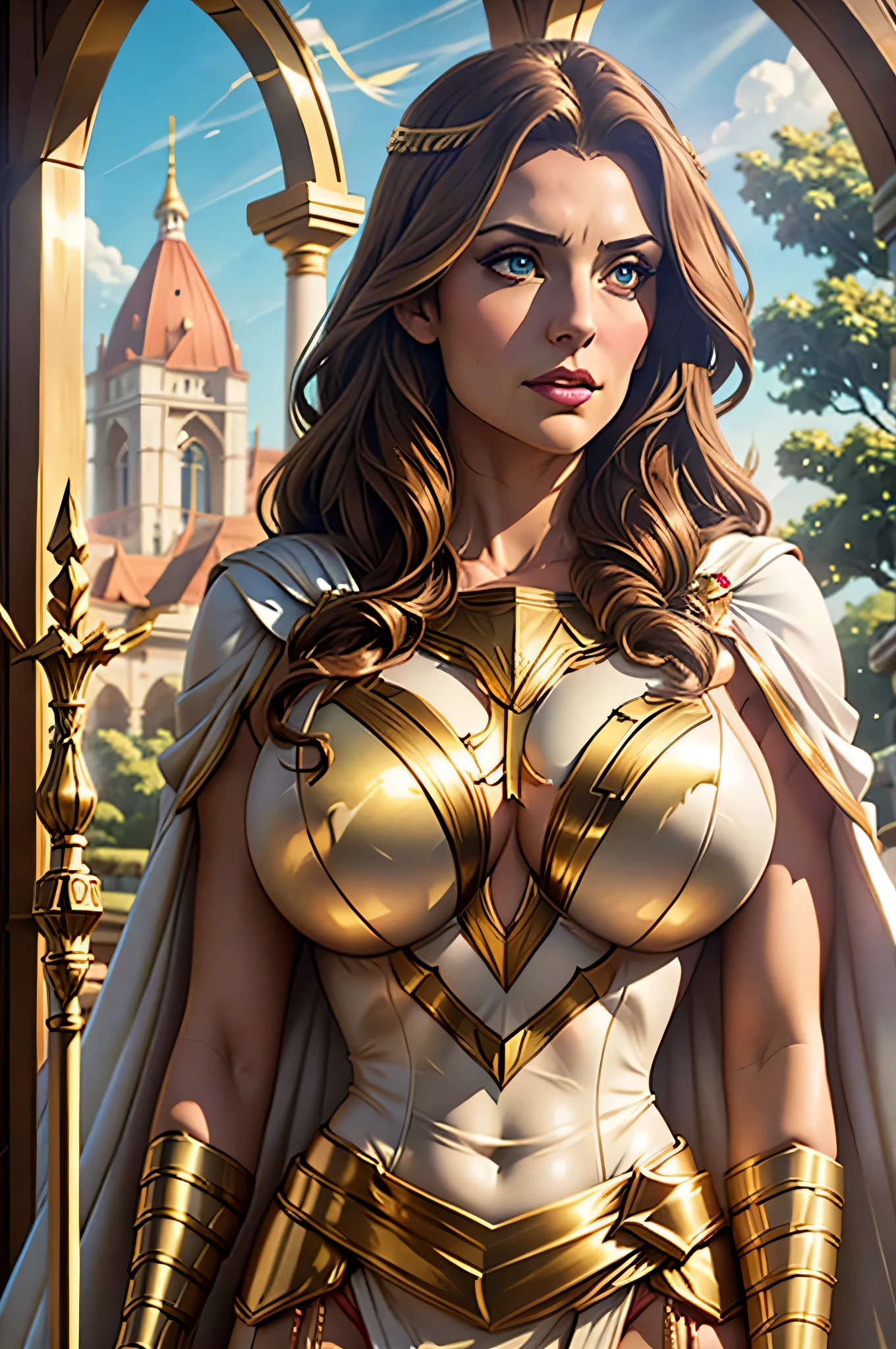 Masterpiece, detailed eyes, large breasts, long brown hair, boob window, white outfit, white cape, gold accessories, gold leaf laurel wooden staff